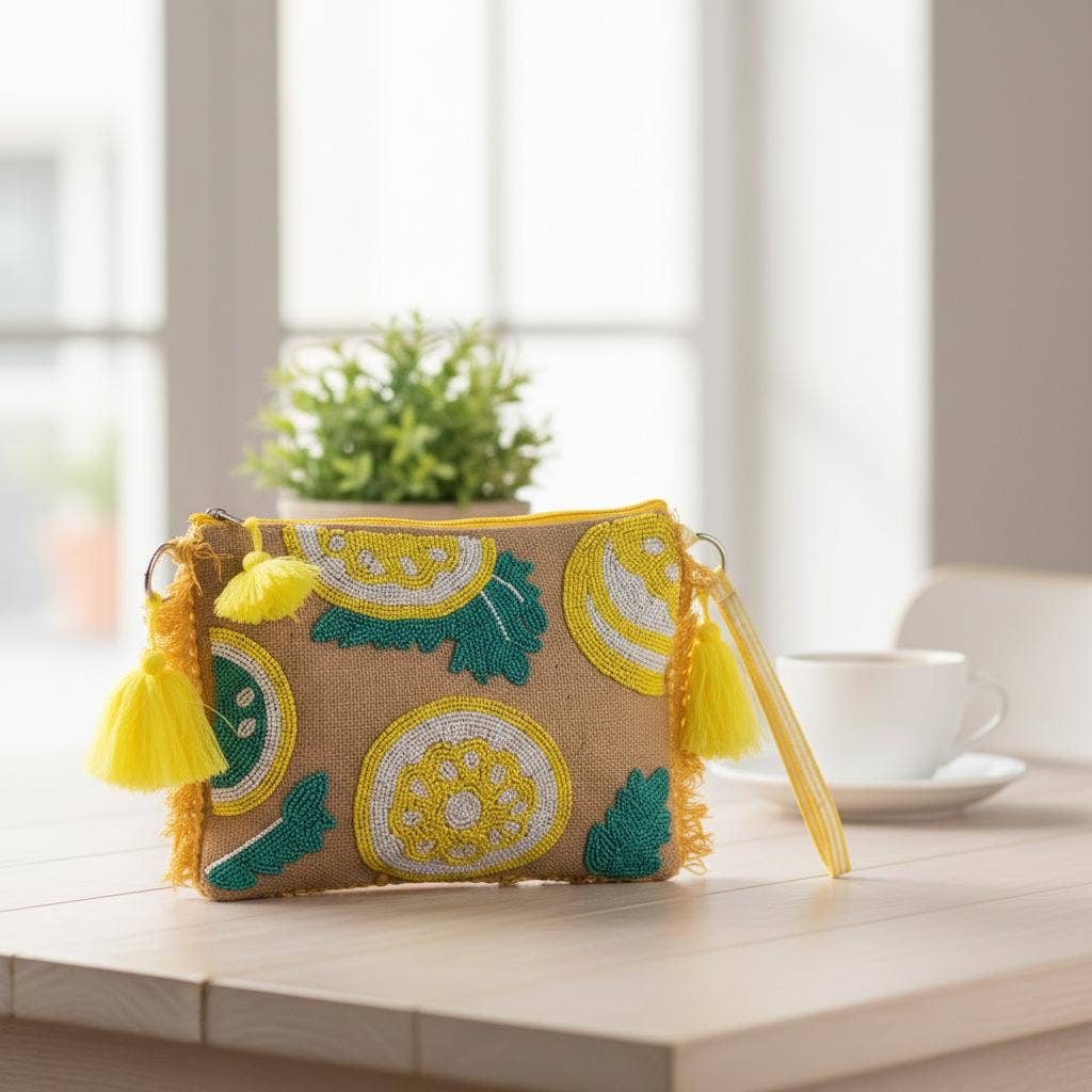 Isla Bonita by SIGRIS Handtasche Mull Zitronen Perlenstickerei Beige