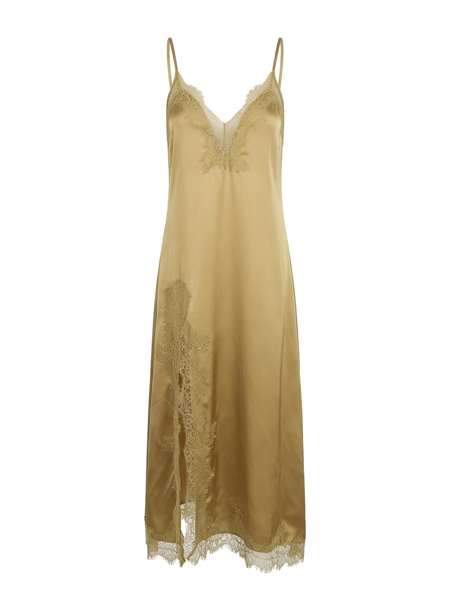 Ciminy Satinkleid Ilys Gold-Gelb – langes Kleid mit Spitze
