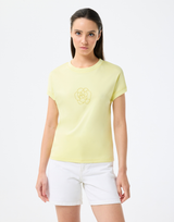 T-.Shirt "Carolina" in zartem Gelb mit floralem Motiv aus Glitzerperlen - Leo & Ugo