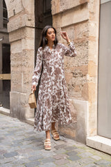 Choklate Paris Maxikleid Marbella in Schokobraun & Weiß Blumenprint Viskose-Seide