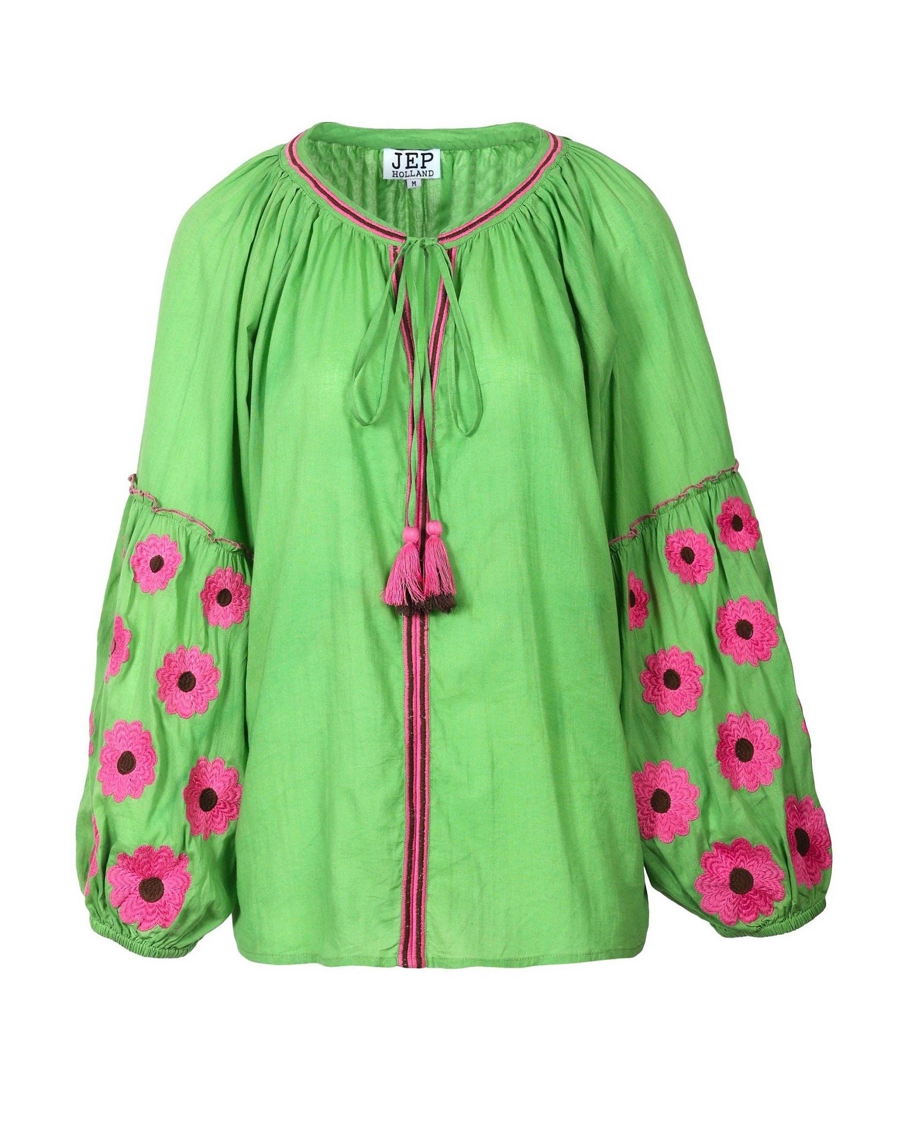 Jep Holland Florence Grün Baumwollbluse mit pinker Blumenstickerei