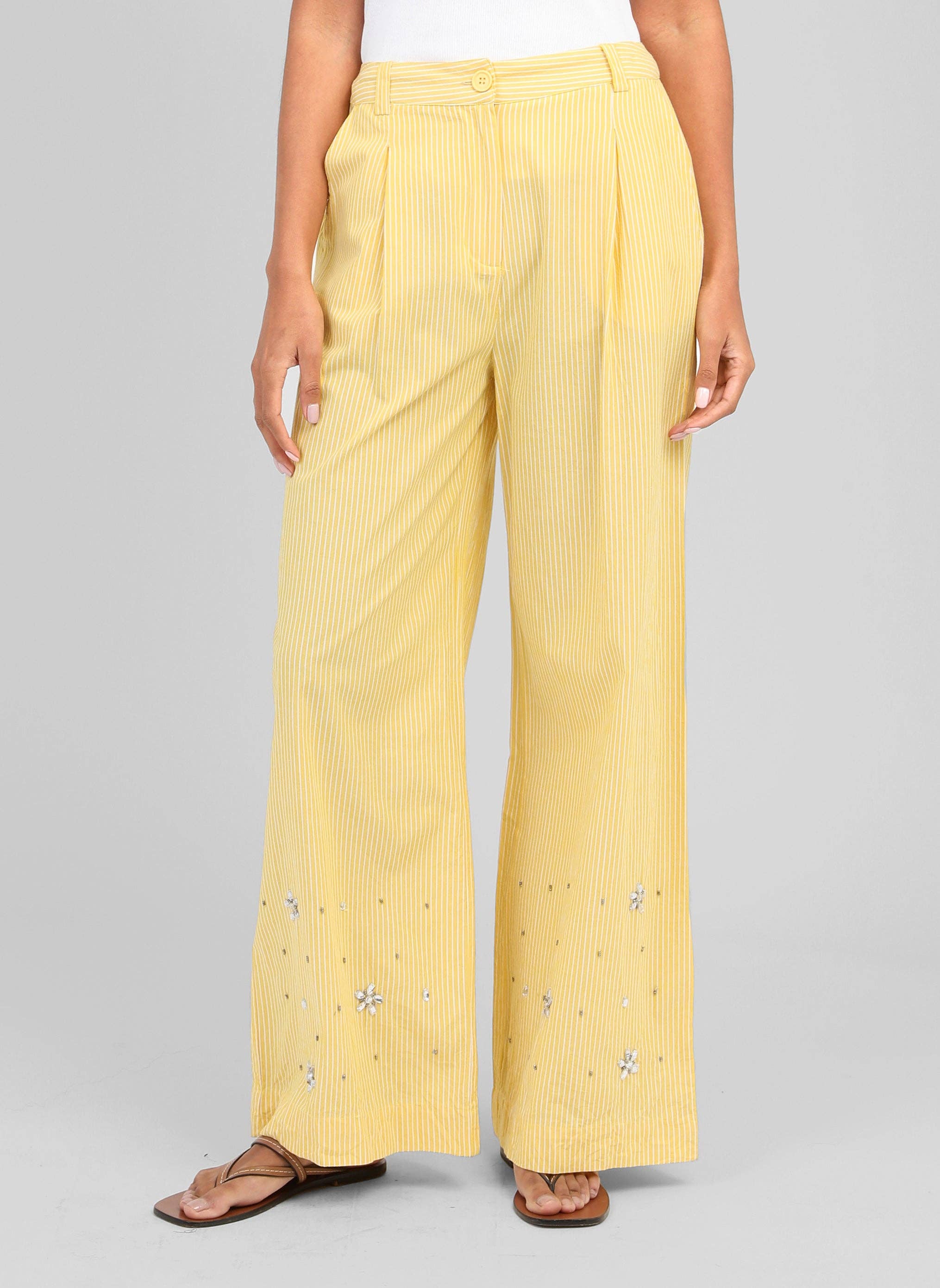 An’ge Paris Hose Rylana gestreift Gelb mit Strassblumen am Beinabschluss