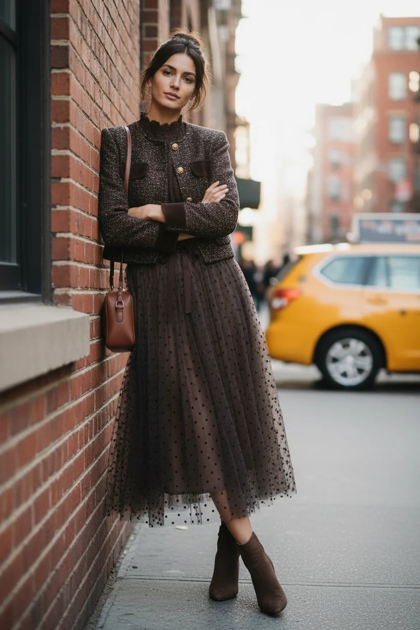 Choklate Paris kurze Tweedjacke mit Denim-Details in Chocobraun