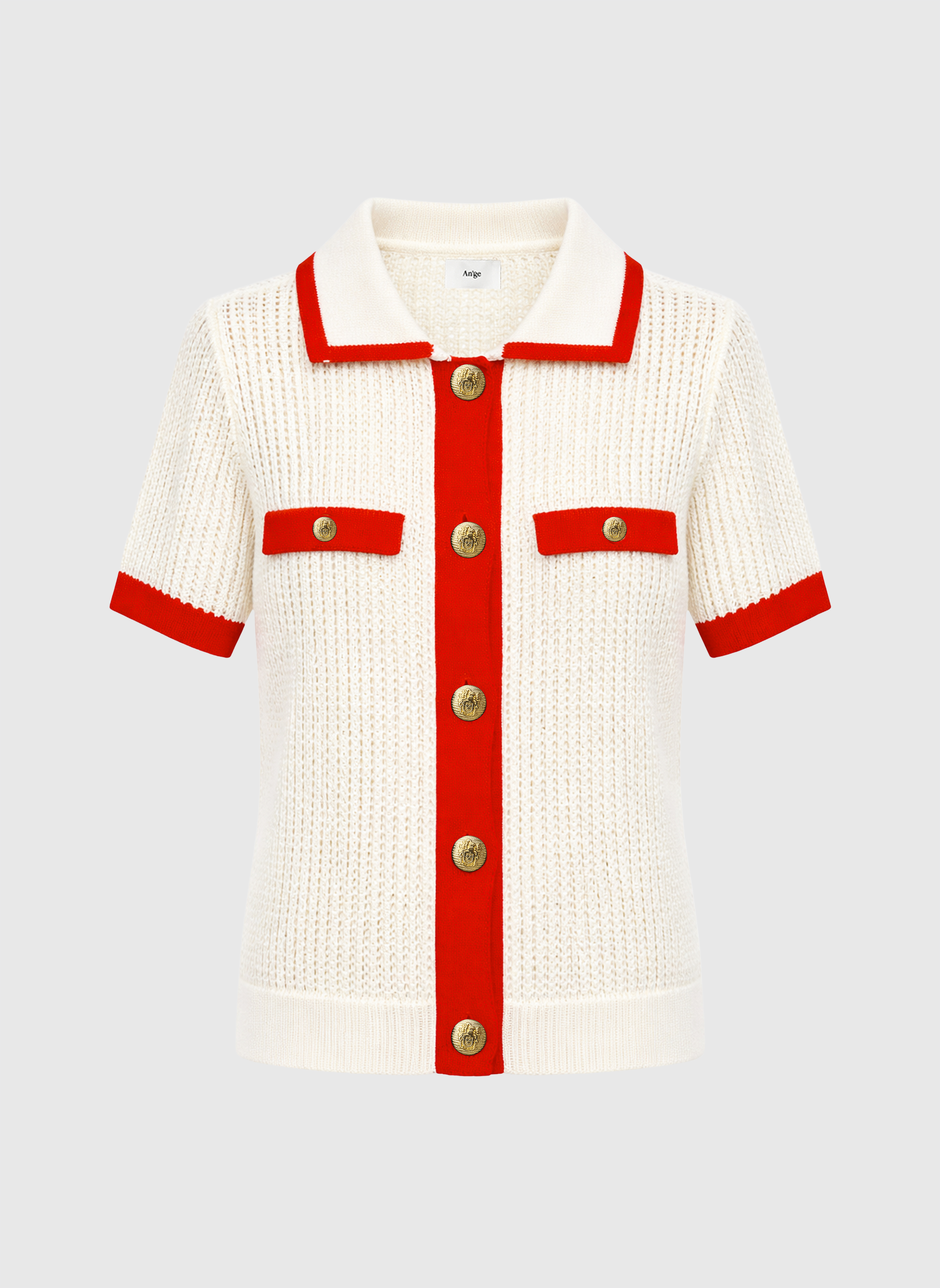 Ange Paris Polo Strick Cardigan Vayabi Baumwollmix Ecru Rot