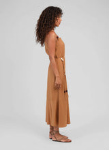 Angé Paris Maliam Camelbraun langes Midikleid mit Schmuckperlen