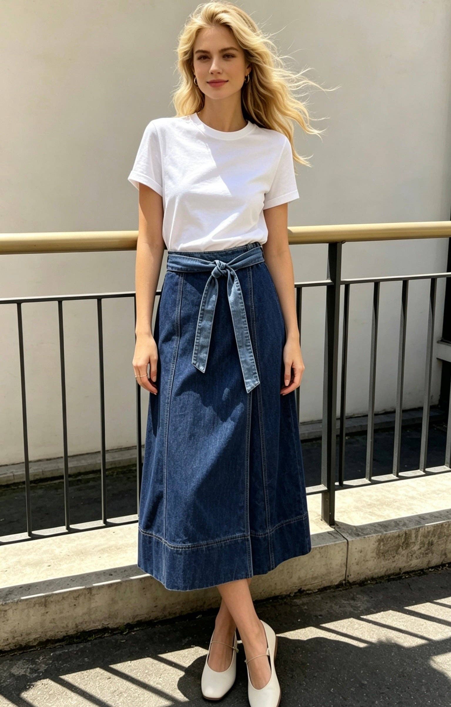 Ciminy Odile Dunkelblau Jeansrock in A-Linie mit Bindegürtel