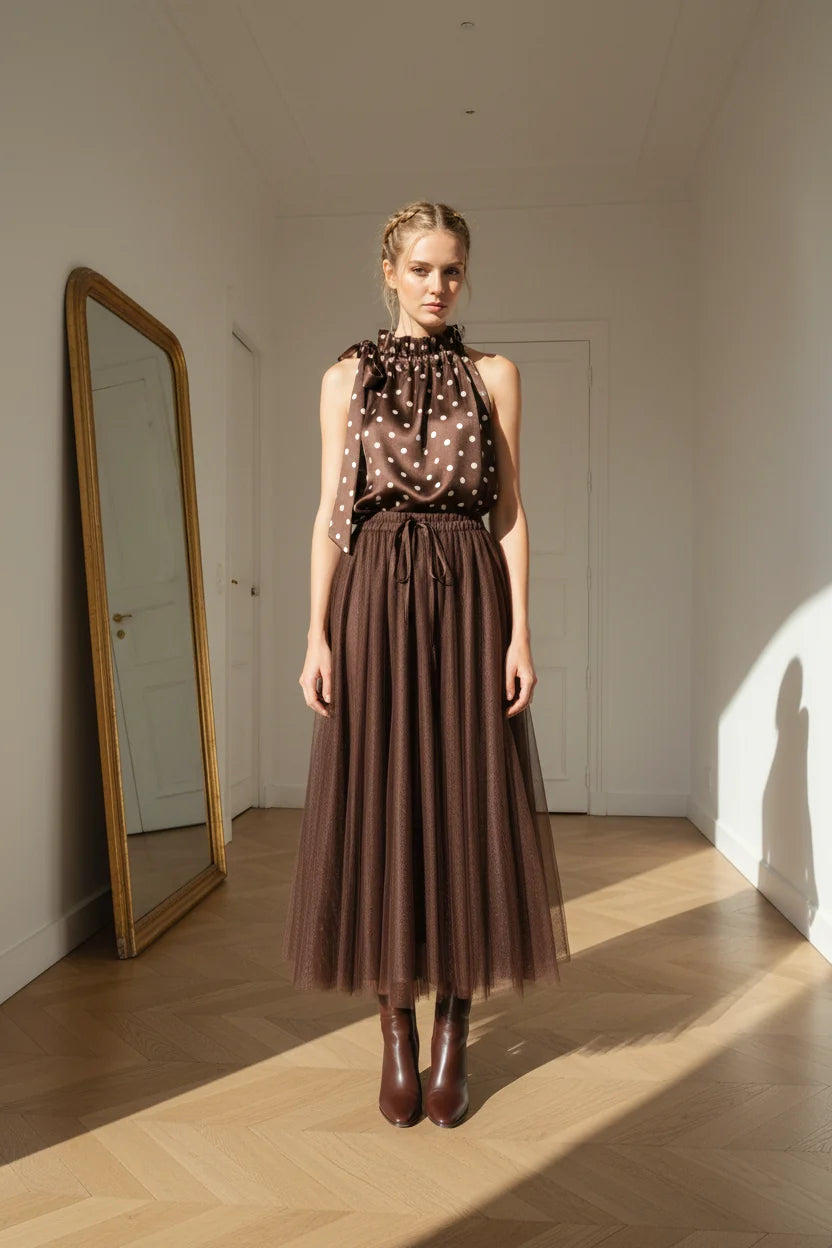 Choklate Paris Satin-Top Elisabeth mit Punkteprint Choco/Ecru