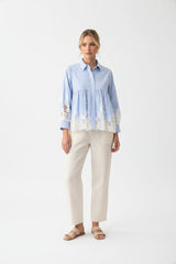 Choklate Paris Aimie Baumwollbluse mit Guipurespitze - Streifen Hellblau/Weiß