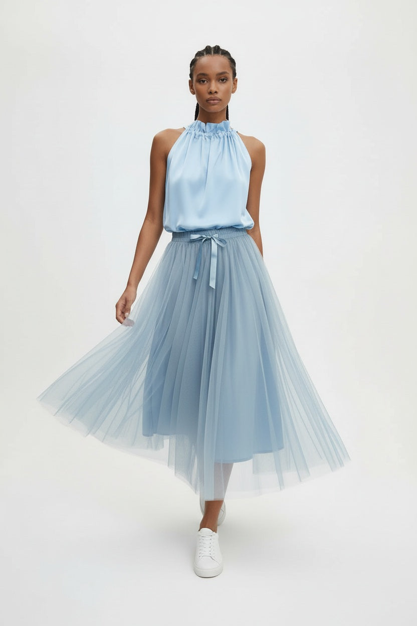 Choklate Paris Blusentop Elisabeth - Satin  - Schleife am Kragen Hellblau