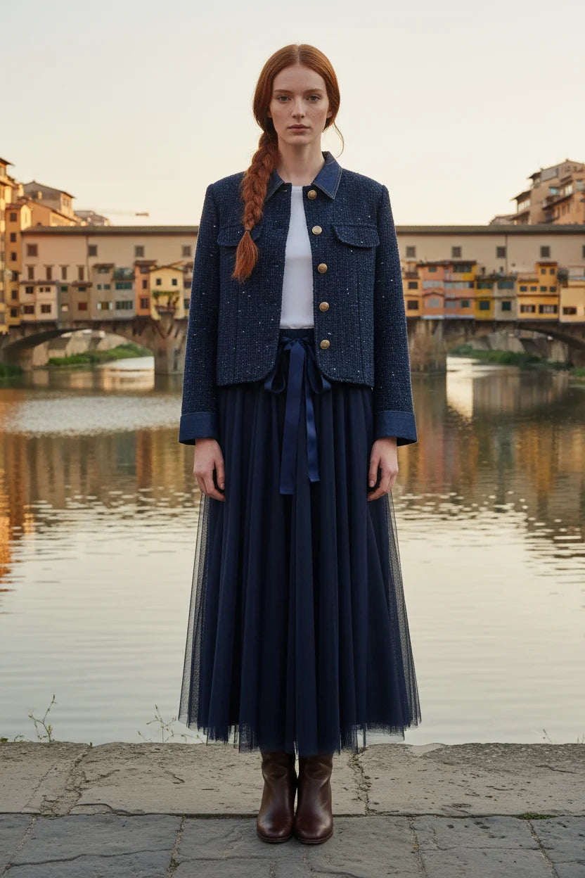 Choklate Paris Tweedjacke Emy mit Denimdetails Marineblau