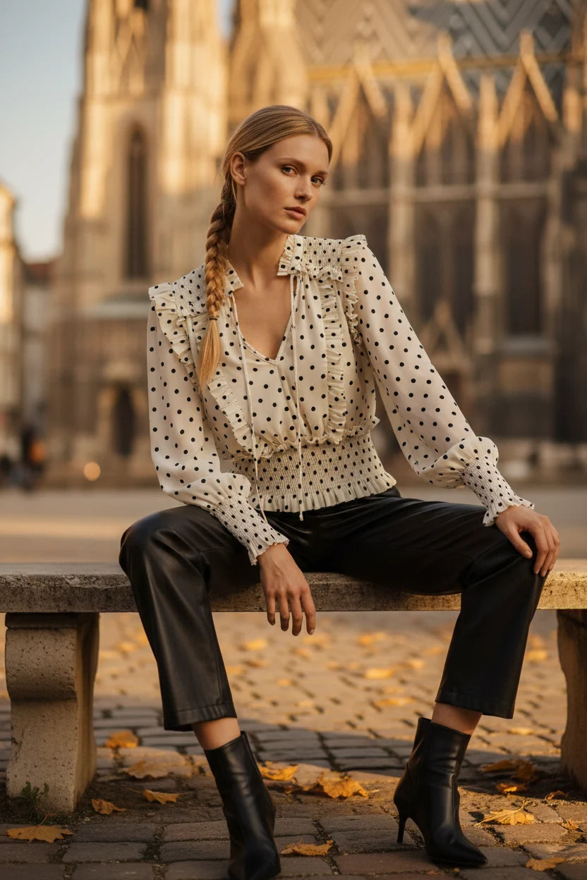Choklate Paris Bluse September Ecru mit schwarzen Punkten