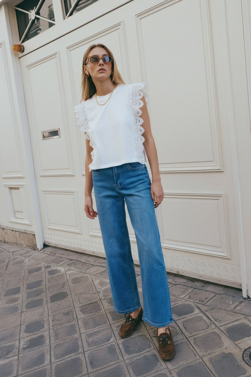 Choklate Paris Crop-Top aus Baumwolle mit Spitzenbesatz Weiß