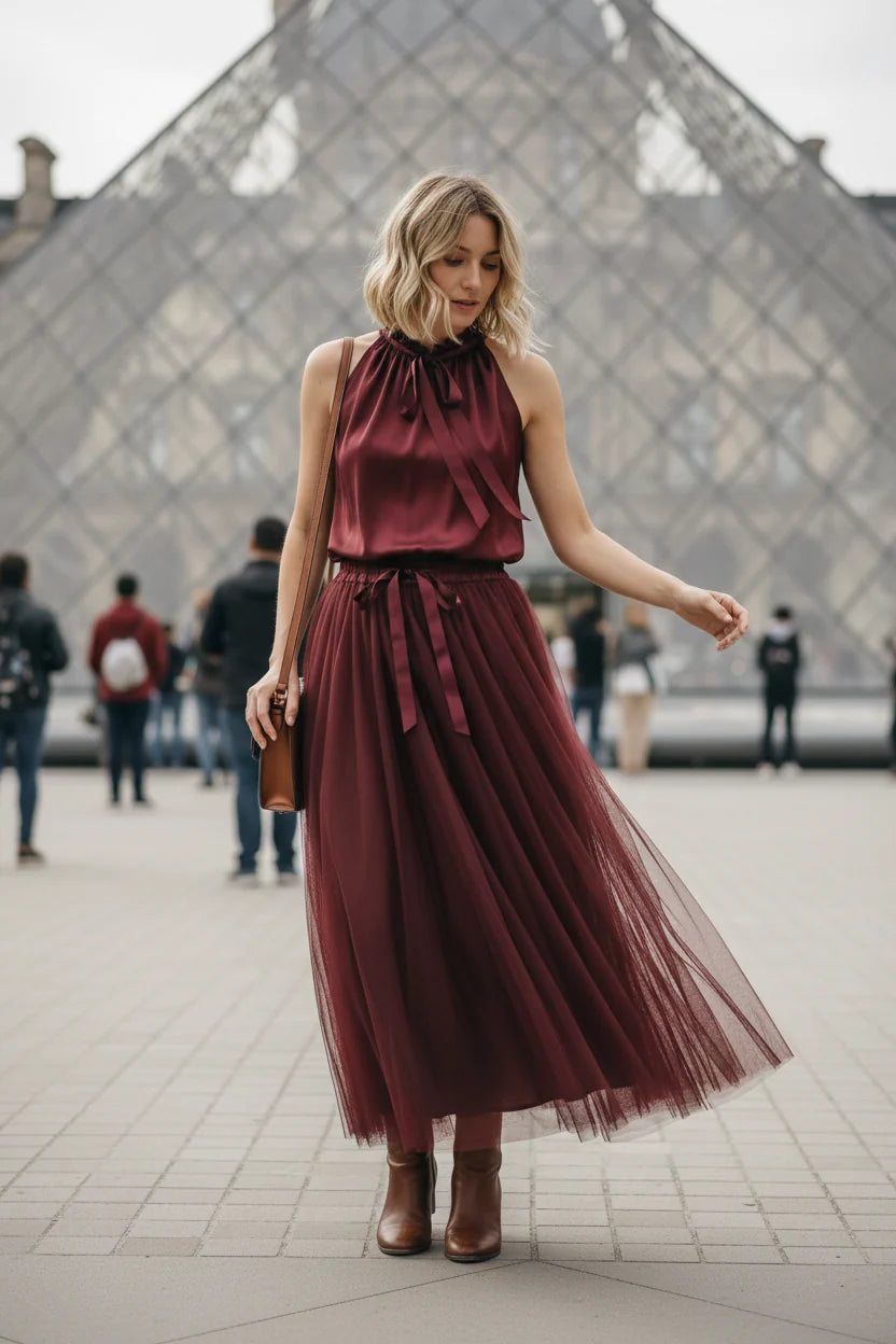 Choklate Paris Satin-Top Elisabeth dunkles Burgunderrot mit Schleife