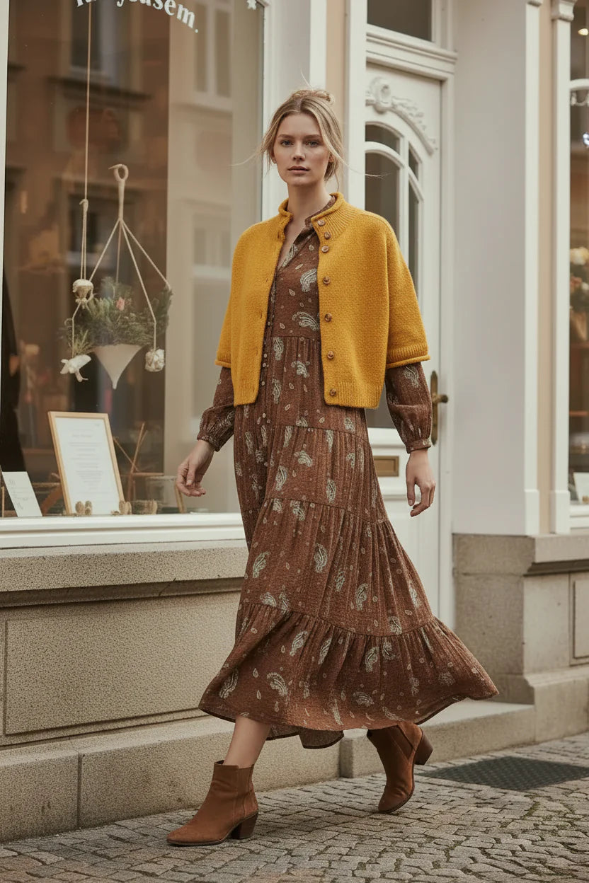 Choklate Paris Maxikleid Marbella Choco – Braunes Paisleykleid aus Viskose und Seide