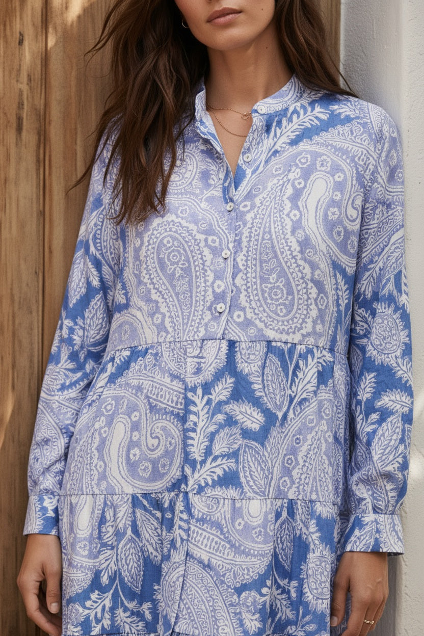 Choklate Paris Marbella Maxikleid Seide Viskose Paisley Blau Weiß