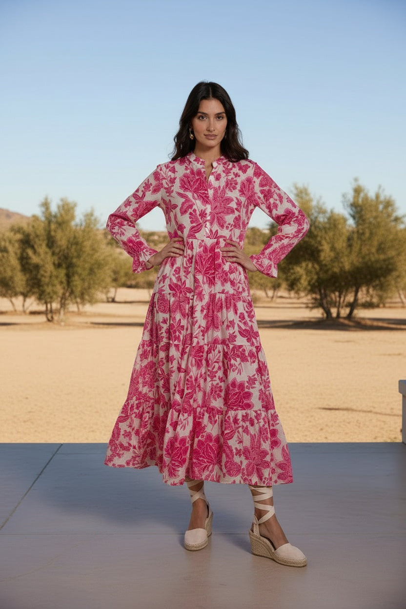 Choklate Paris Maxikleid Marbella Ecru/Fuchsia aus Seide-Viskose
