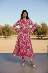 Choklate Paris Maxikleid Marbella Ecru/Fuchsia aus Seide-Viskose