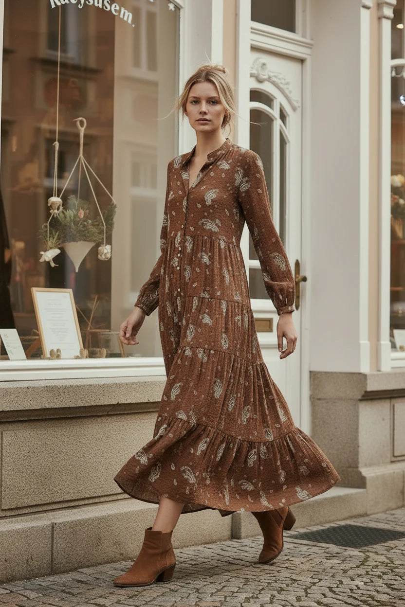 Choklate Paris Maxikleid Marbella Choco – Braunes Paisleykleid aus Viskose und Seide