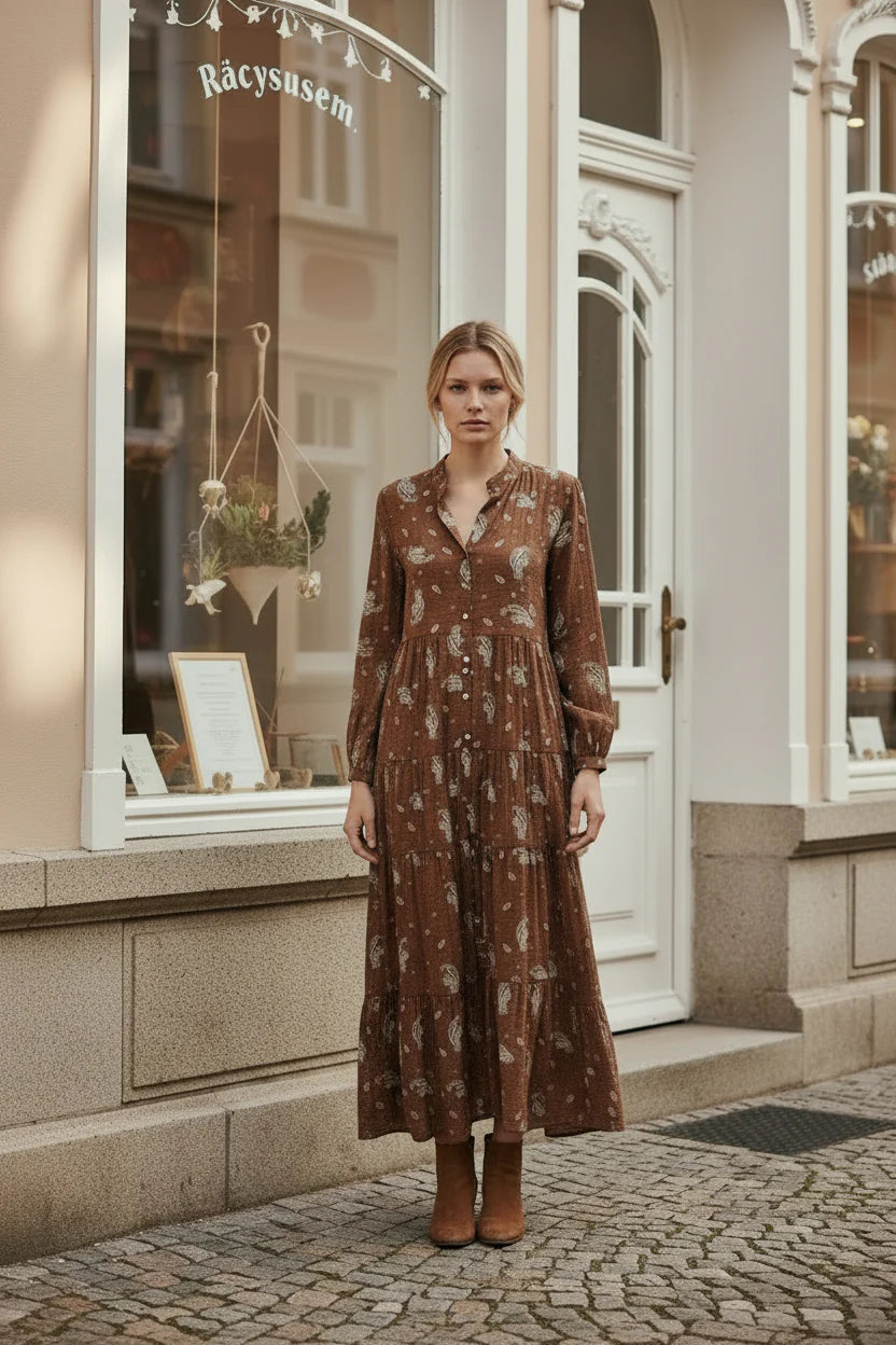 Choklate Paris Maxikleid Marbella Choco – Braunes Paisleykleid aus Viskose und Seide