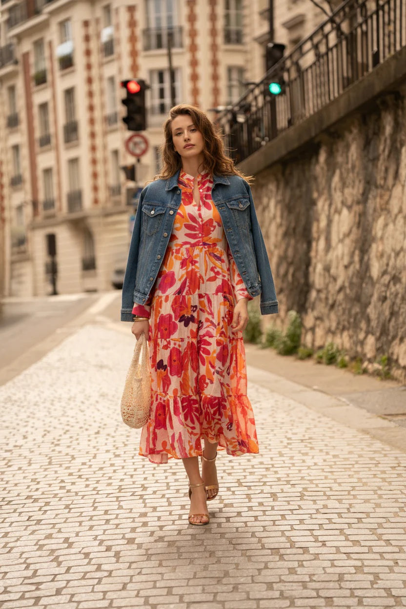 Choklate Paris Maxikleid Marbella Orange Pink Blumenprint Viskose-Seide