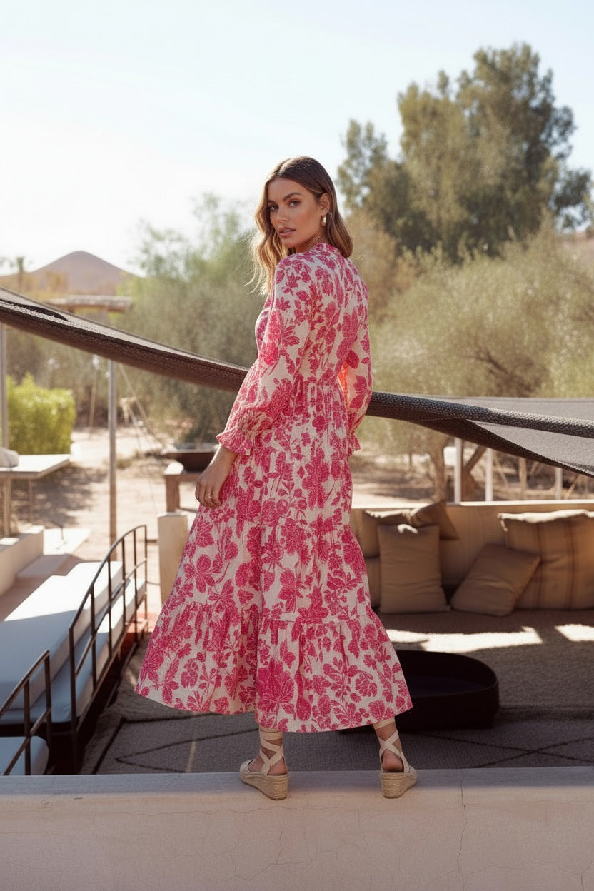 Choklate Paris Maxikleid Marbella Ecru/Fuchsia aus Seide-Viskose