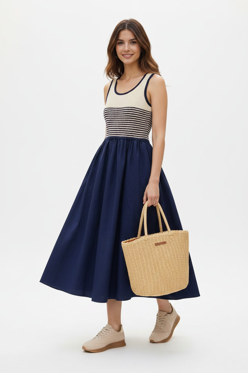 Choklate Paris Kleid Riviera Urbaine Materialmix Marineblau