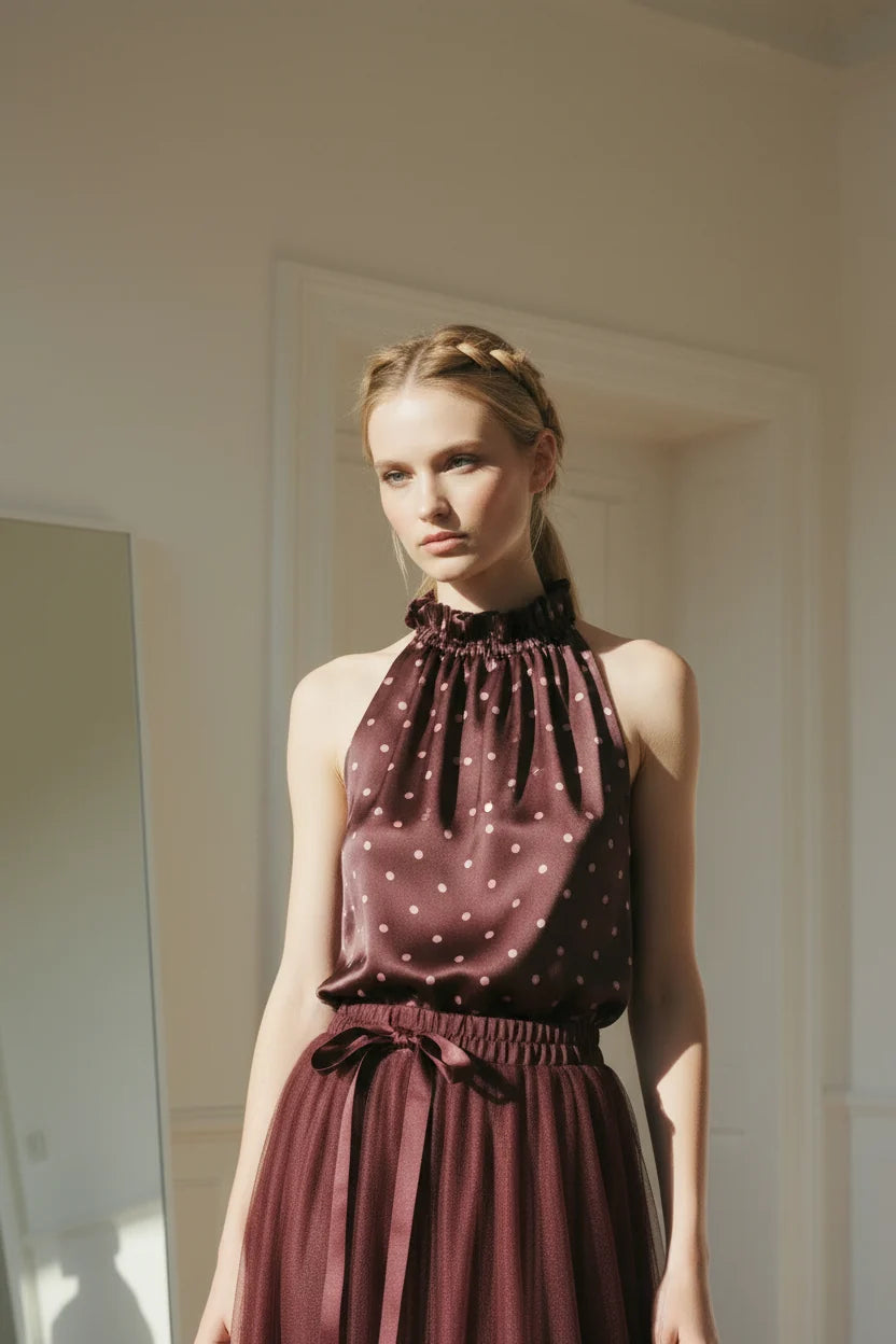 Choklate Paris Satin-Top Elisabeth mit Punkteprint Pflaume/Rosé