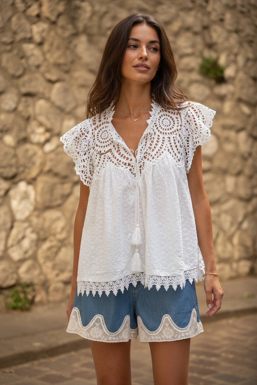 Choklate Paris Bluse "Elsa" aus bestickter Baumwolle Weiß