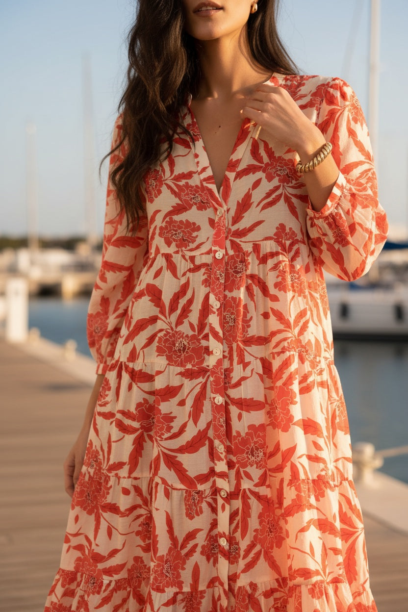 Choklate Paris Sommerkleid Sienna Midi Ecru/Rot Hibiskus-Print Viskose