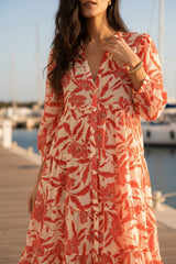 Choklate Paris Sommerkleid Sienna Midi Ecru/Rot Hibiskus-Print Viskose