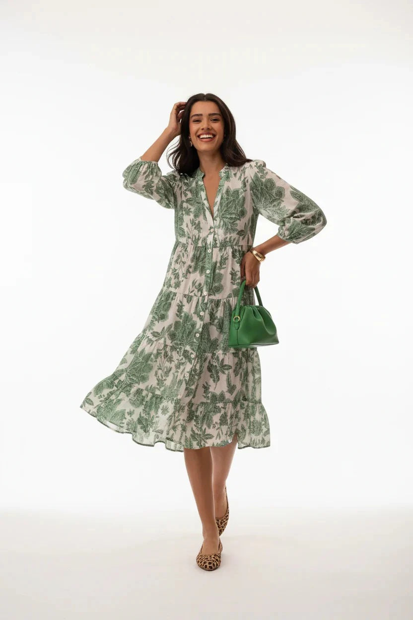 Choklate Paris Sienna Hemdblusenkleid Midilänge Florales Hibiskusmuster Grün-Weiß - Boho-Stil