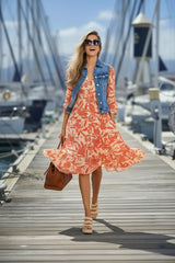 Choklate Paris Sommerkleid Sienna Midi Ecru/Rot Hibiskus-Print Viskose