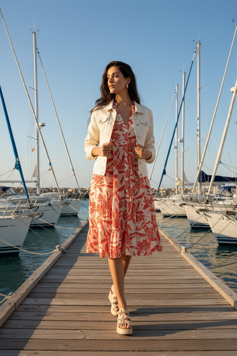 Choklate Paris Sommerkleid Sienna Midi Ecru/Rot Hibiskus-Print Viskose