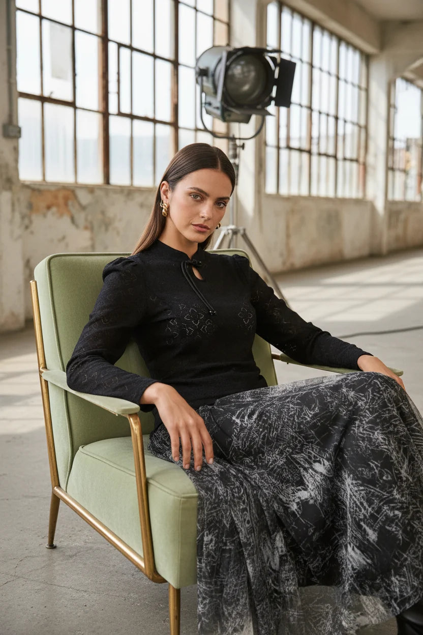 Choklate Paris Ambre Tüllrock mit Toile-de-Jouy-Print Schwarz-Grau