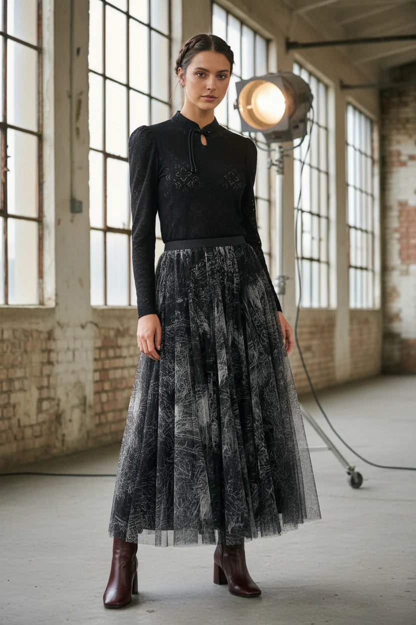 Choklate Paris Ambre Tüllrock mit Toile-de-Jouy-Print Schwarz-Grau