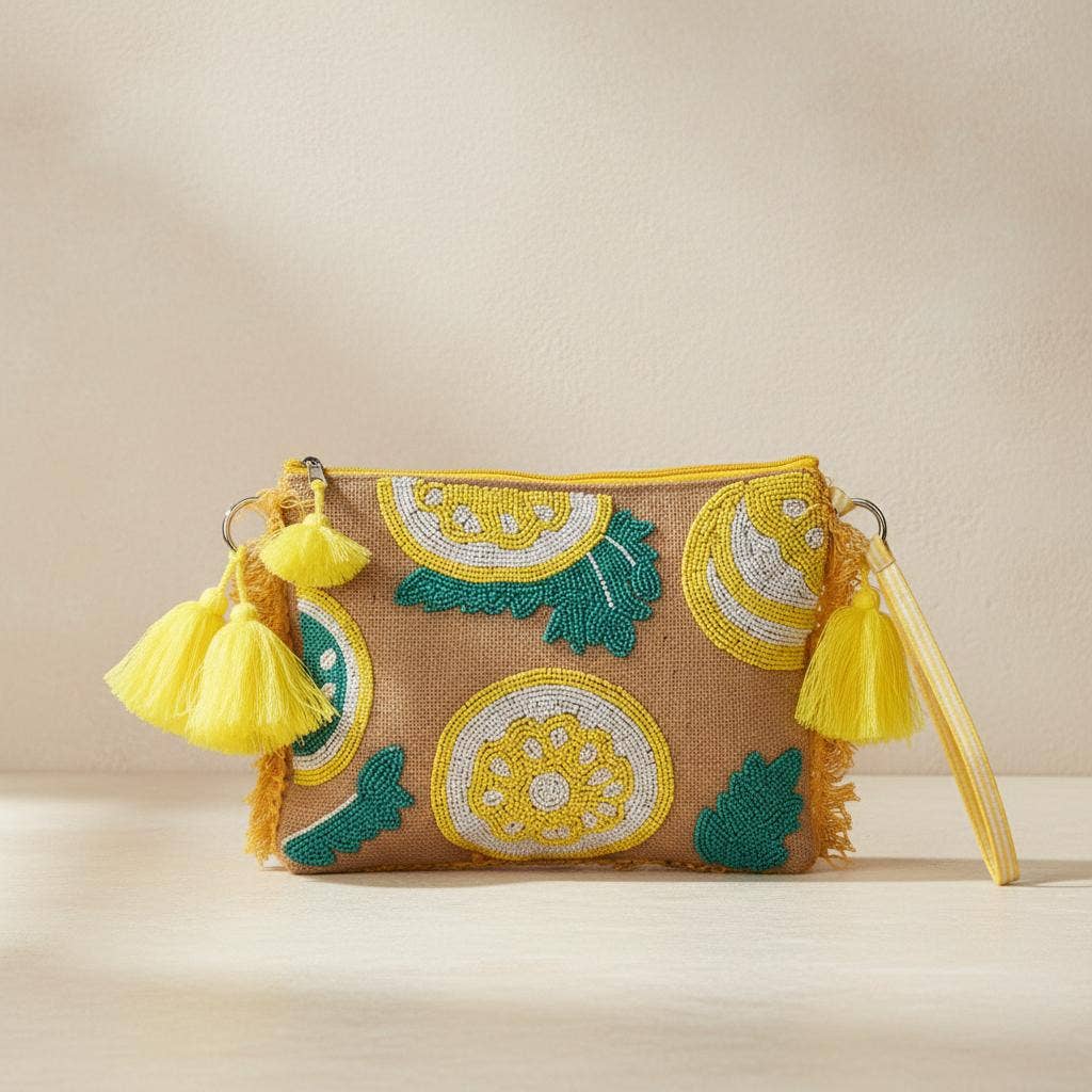 Isla Bonita by SIGRIS Handtasche Mull Zitronen Perlenstickerei Beige