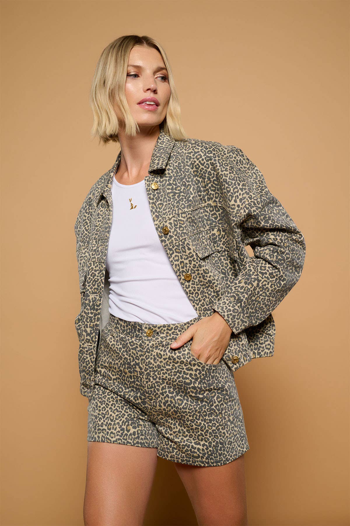Minueto Jeansjacke Leo Beige Animal-Print 100% Baumwolle