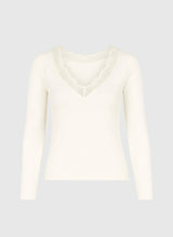 An´ge Paris ASTURIAL Langarmshirt Ecru | Spitzenbesatz V-Ausschnitt