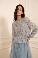 Choklate Paris Semitransparente Bluse mit Rosetten-Applikationen Hellblau