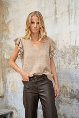 Lulumary Rüschenpullover in Taupe mit V-Ausschnitt
