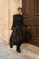 Choklate Paris asymmetrischer Leopardenrock mit Spitze in Kakao