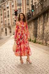Choklate Paris Maxikleid Marbella Orange Pink Blumenprint Viskose-Seide