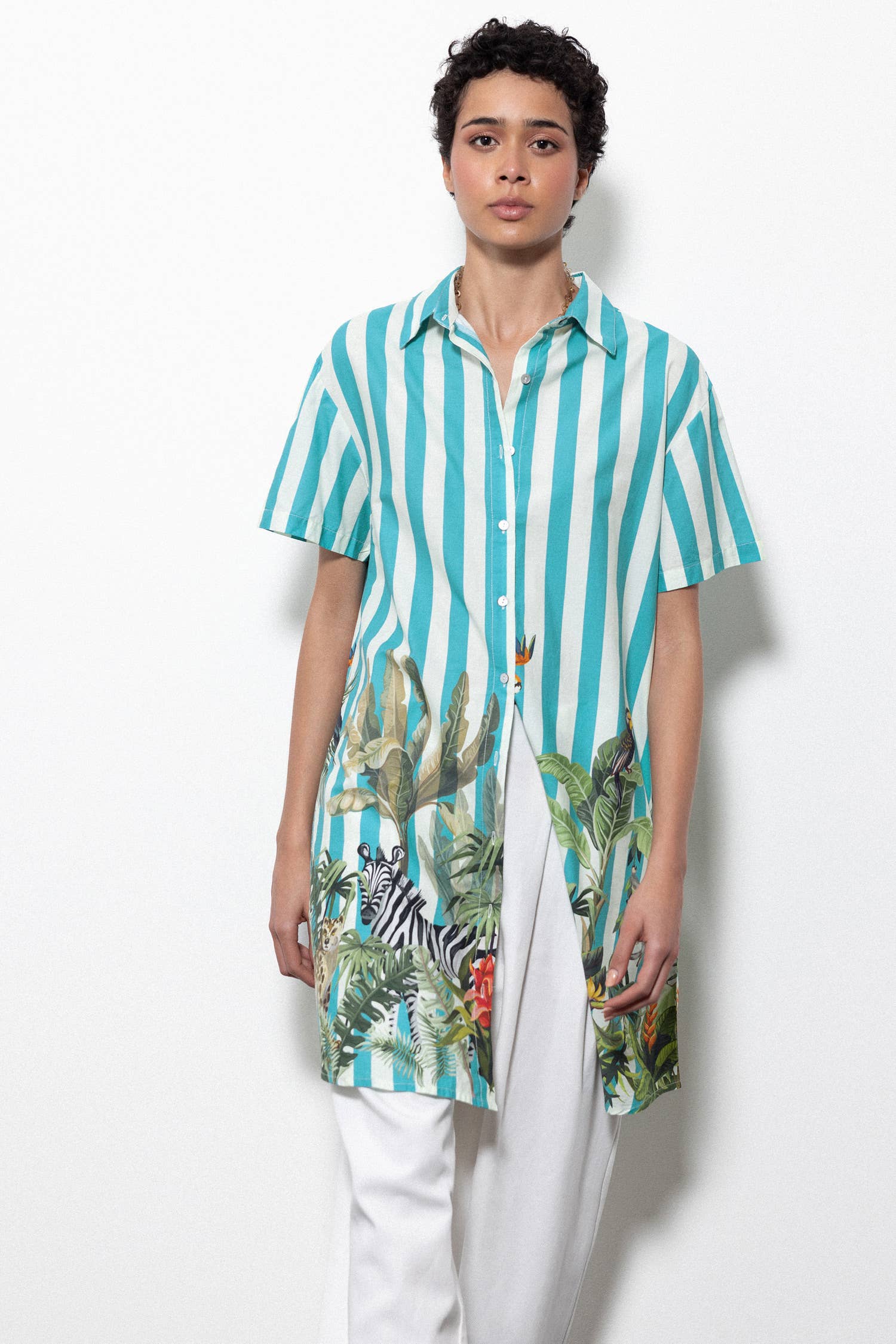 Lanidor Long-Blouse Türkis gestreift mit Tropicalprint
