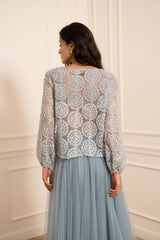 Choklate Paris Semitransparente Bluse mit Rosetten-Applikationen Hellblau