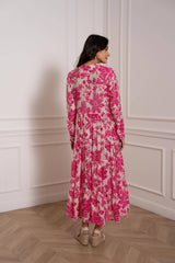 Choklate Paris Maxikleid Marbella Ecru/Fuchsia aus Seide-Viskose