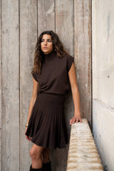Lulumary kurzer plissierter Strickrock in Trapezform Kaffeebraun
