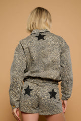 Minueto Jeansjacke Leo Beige Animal-Print 100% Baumwolle