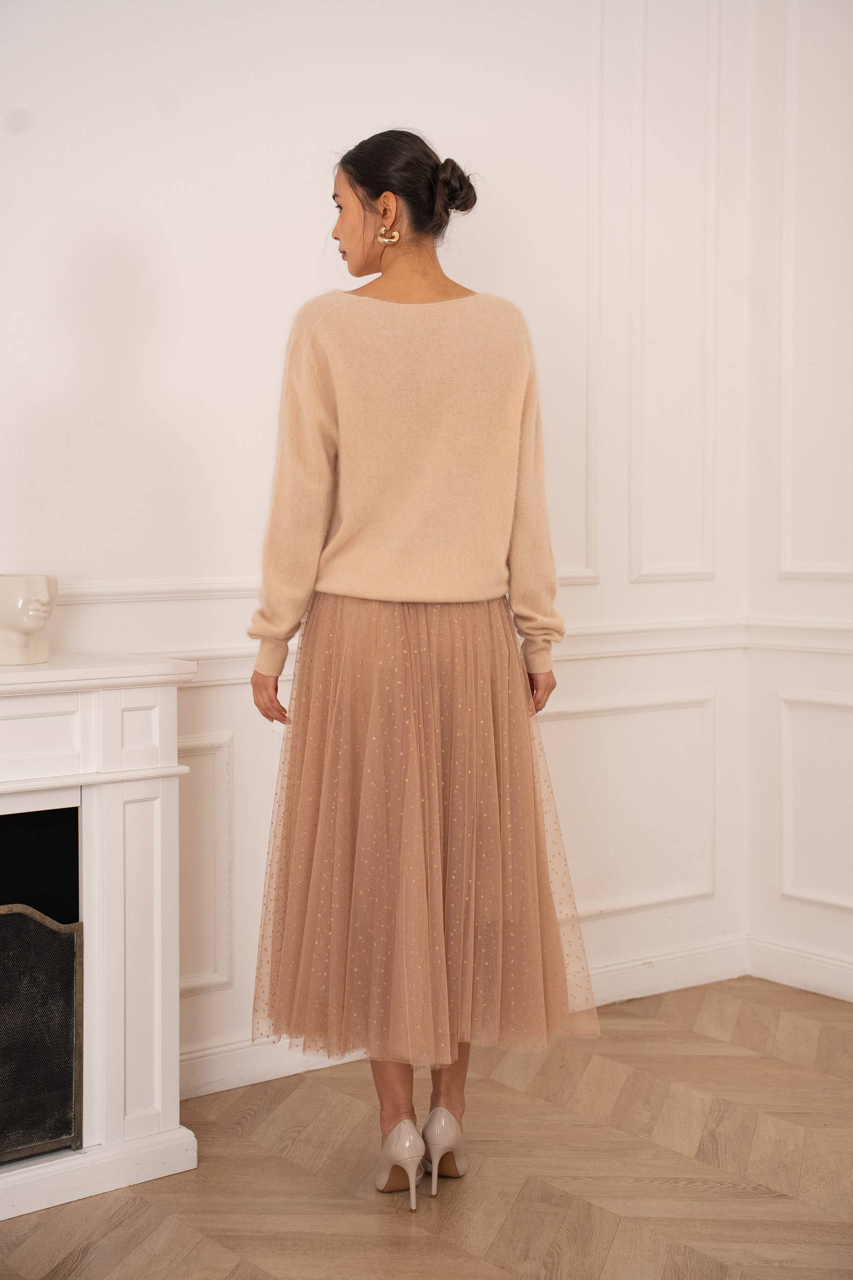 Choklate Paris Aria Maxi-Tüllrock mit goldenen Punkten in Camel-Gold