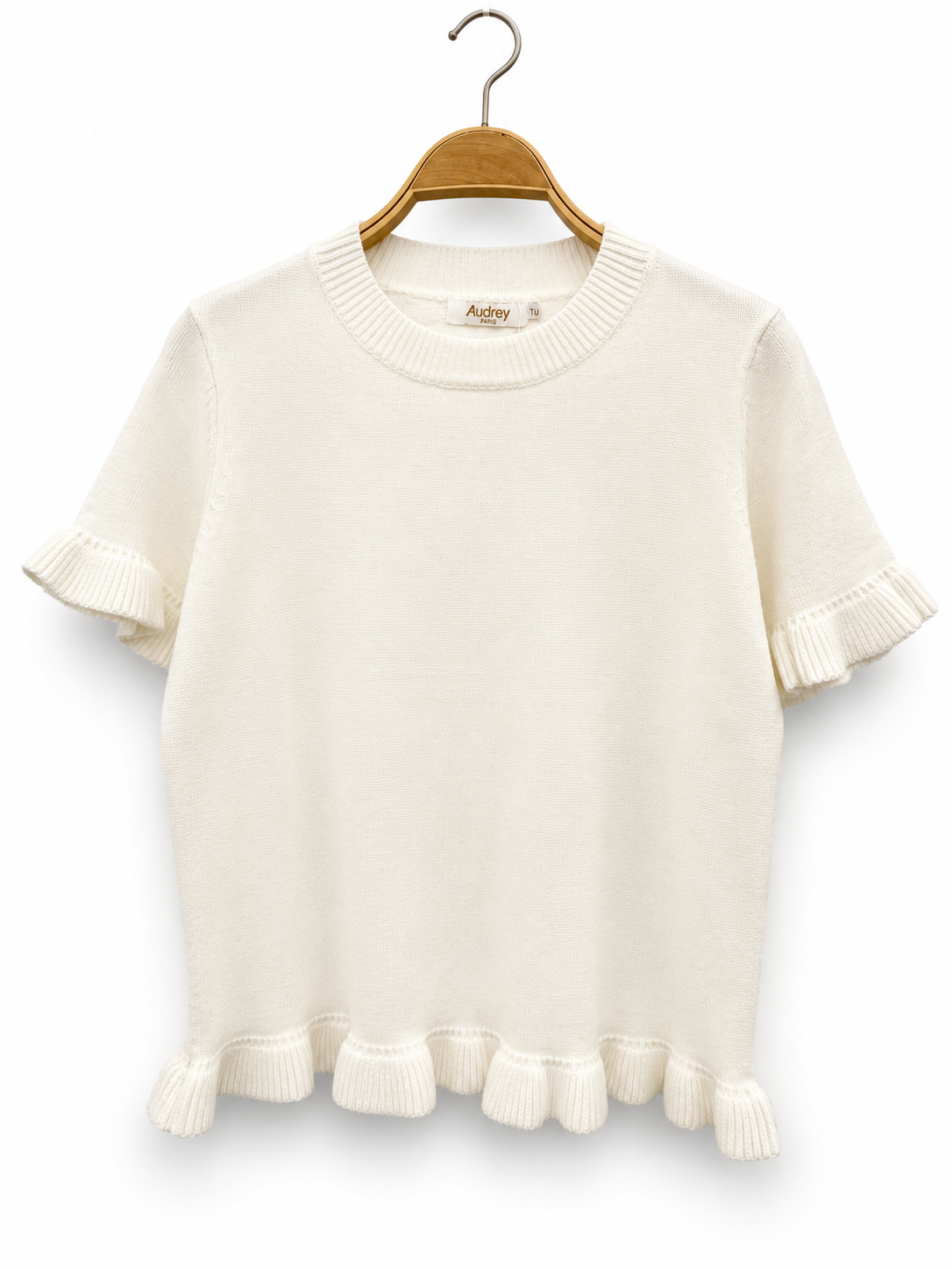 Afinity Einfarbiger Strickpullover mit Rüschen Creme Weiß