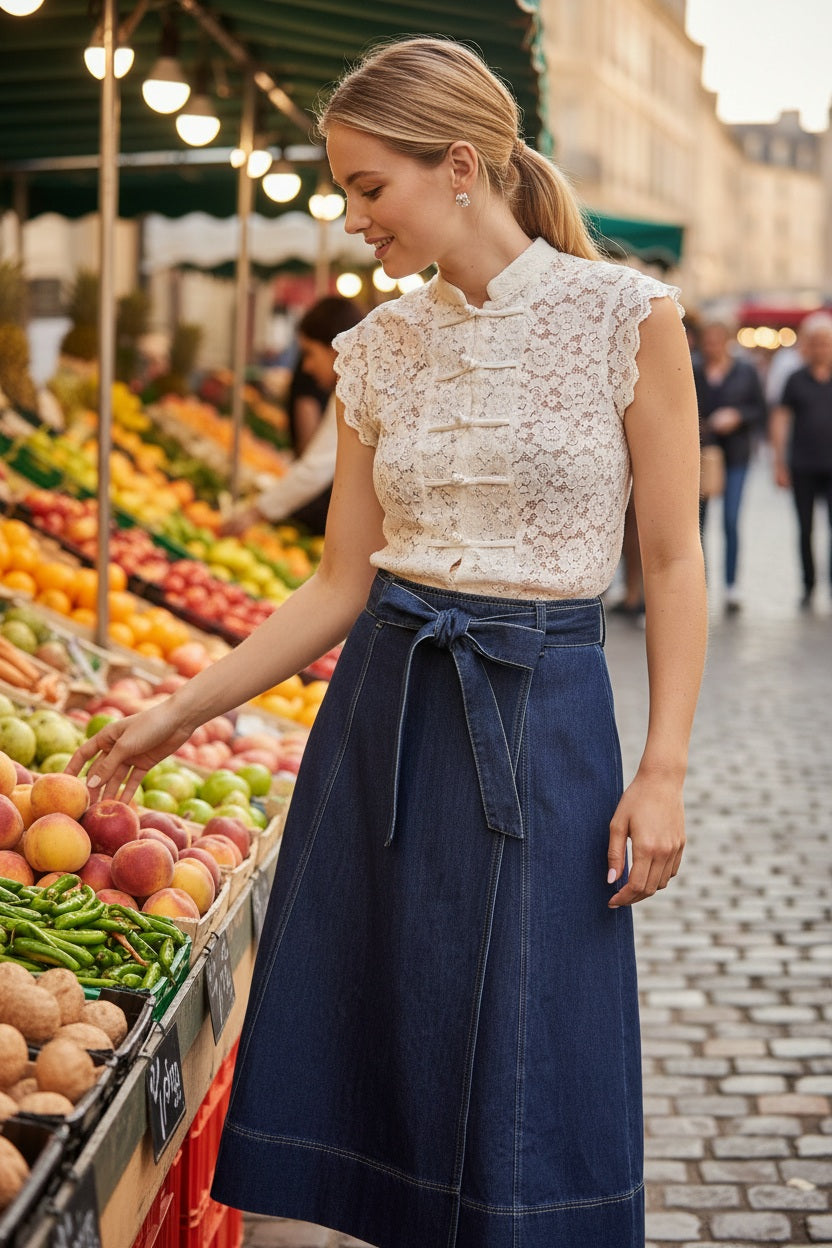 Lulumary Spitzentop Ecru im Qipao-Stil mit Froschknöpfen